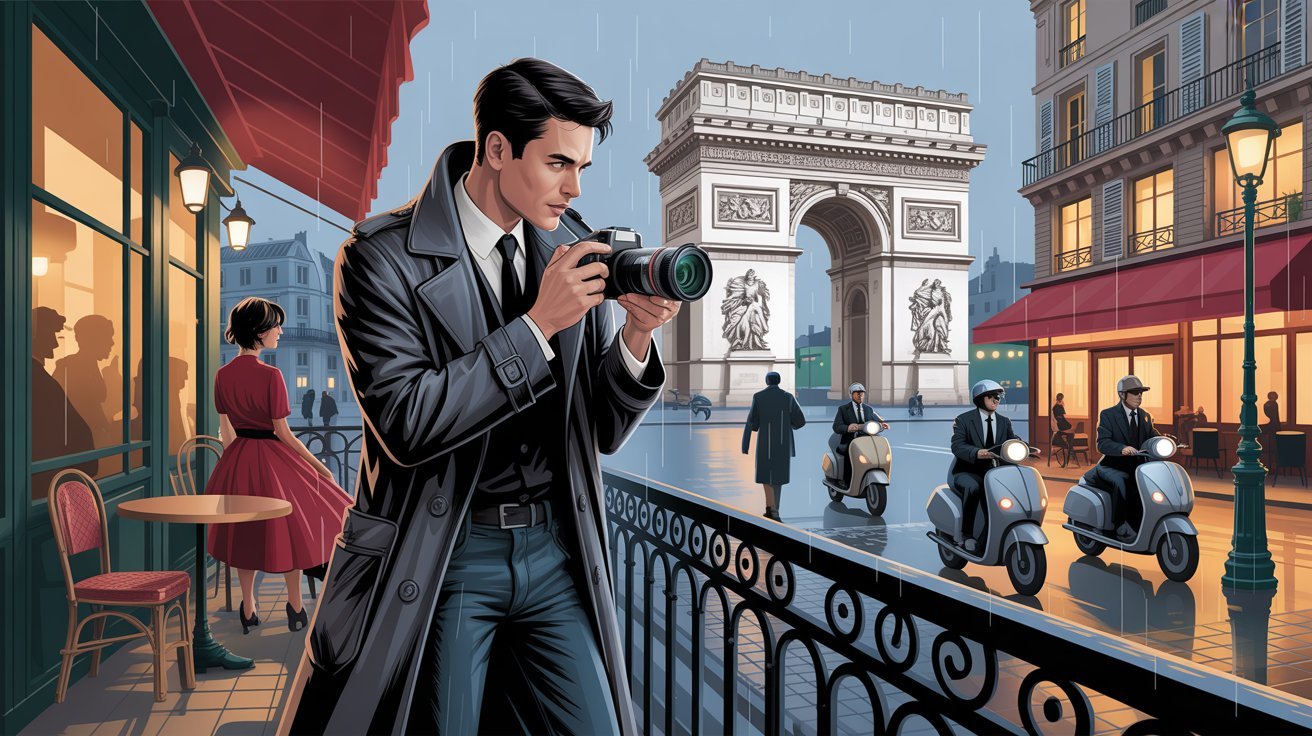 Comic-Stil: Detektiv mit Kamera vor Arc de Triomphe in Paris (Frankreich); Detektei Paris (Frankreich), Detektiv Paris (Frankreich), Privatdetektiv Paris (Frankreich), Detektivagentur Paris (Frankreich)